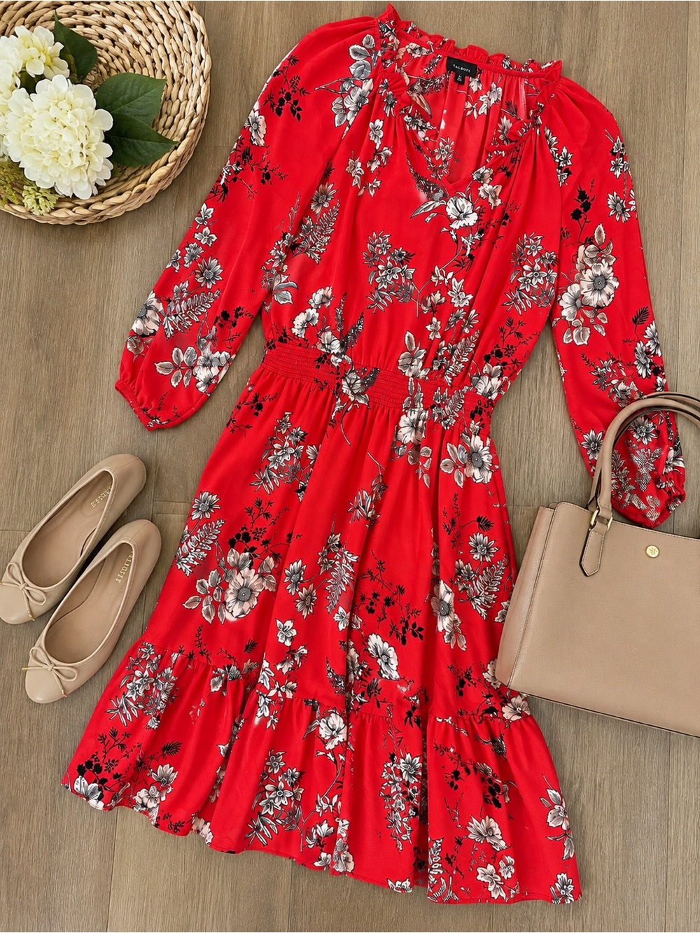 Talbots Floral Smocked Waist Tiered Midi Dress Red Long Sleeve M